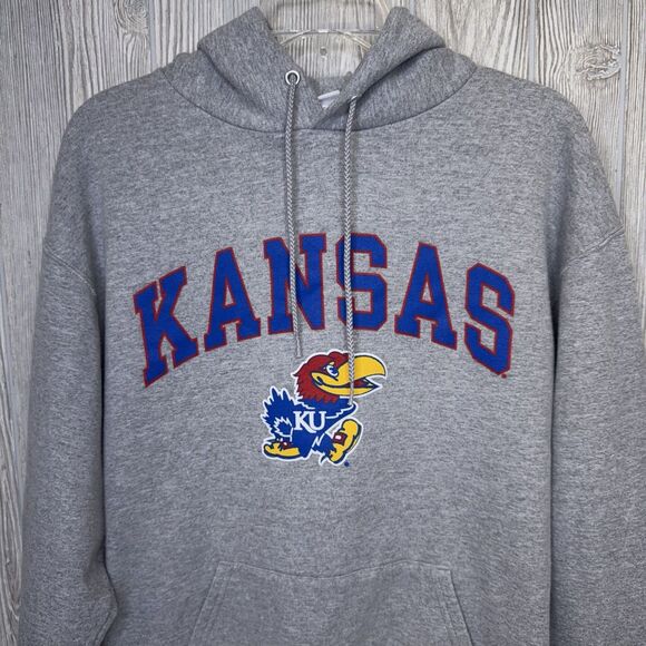 Champion KU Kansas Jayhawks Hoodie Men's Size Large Grey Pullover Athleticwear - Picture 2 of 11